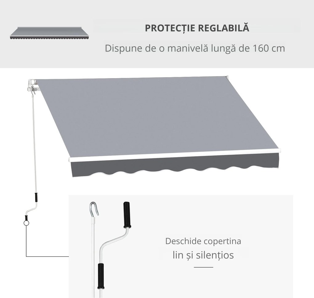 Outsunny Copertină de Soare Retractabilă Manual din Aluminiu și Țesătură Poliester, 2,5x2 m, Gri | Aosom Romania
