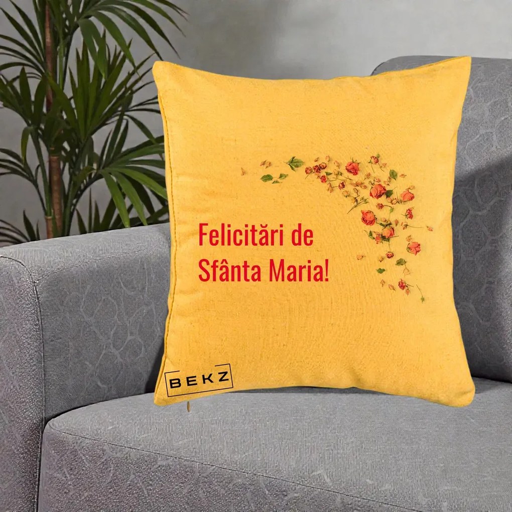 Cadou de Onomastica - Perna Personalizata Felicitari de Sfanta Maria, 40x40 cm, Galben, Husa Detasabila, Perna Inclusa, BEKZ®