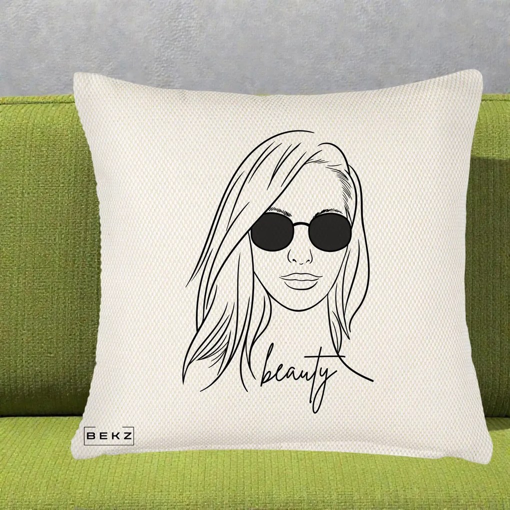 Perna Decorativa Beauty Girl Line Art, 40x40 cm, Crem Reliefat, Husa Detasabila, Perna Inclusa, BEKZ®