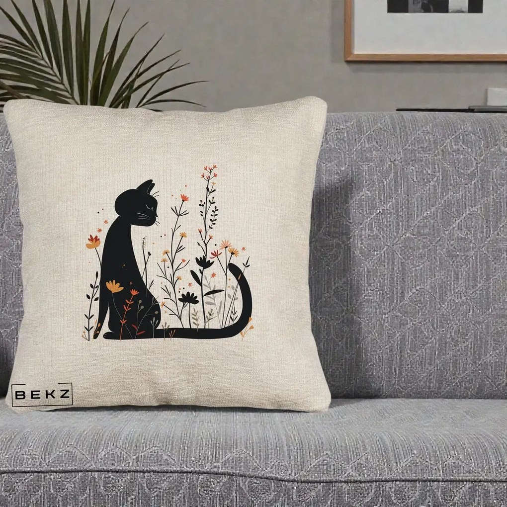 Perna Decorativa Pisica Neagra Flori Portocalii Silueta, 40x40 cm, Bej Canapea, Husa Detasabila, Perna Inclusa, BEKZ®