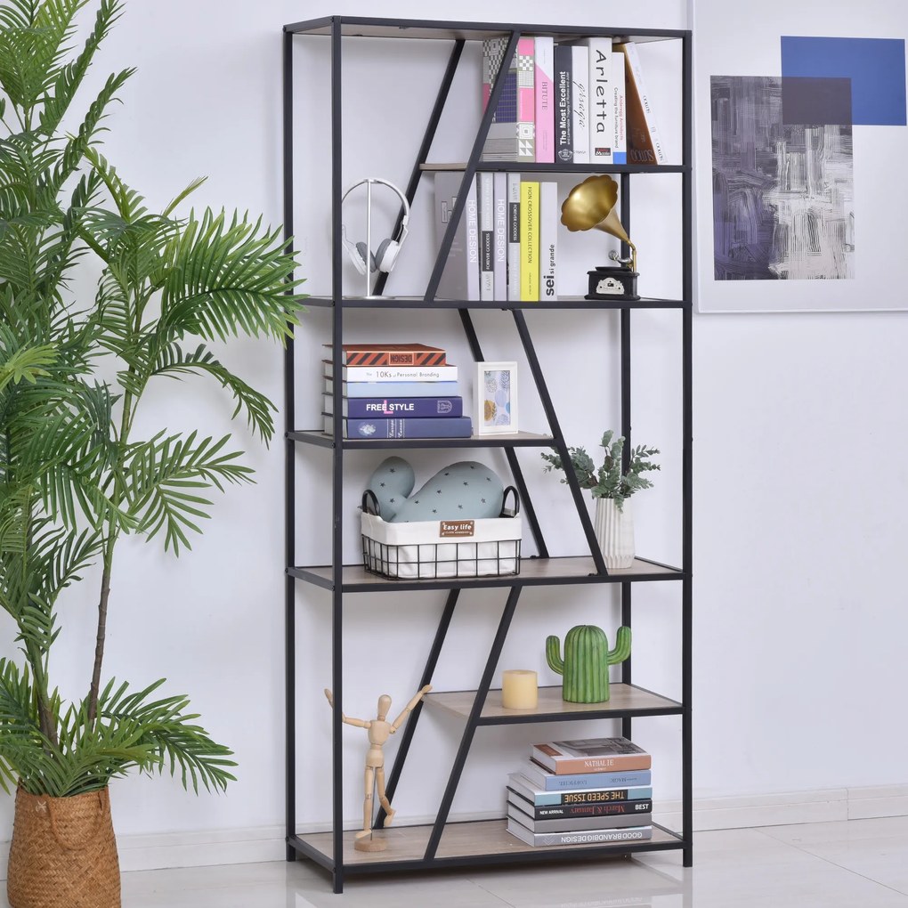 HOMCOM Biblioteca cu 9 Rafturi Trapezoidale Deschise Lemn, Atirasturnare, Cadru din Metal, Negru, 100x30x182cm