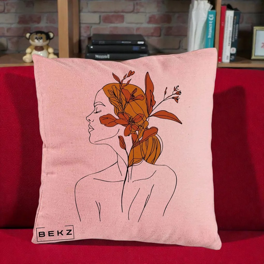 Perna Decorativa Portret Feminin Crin Ruginiu Auriu, 40x40 cm, Roz, Husa Detasabila, Perna Inclusa, BEKZ®