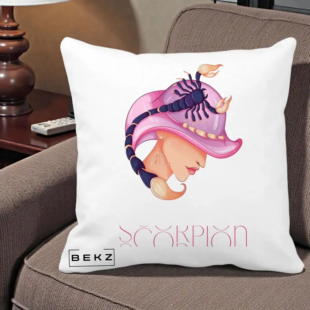 Perna Personalizata Zodiac Scorpion Cowgirl, 40x40 cm, Alba Mata, Husa Detasabila, Perna Inclusa, BEKZ®
