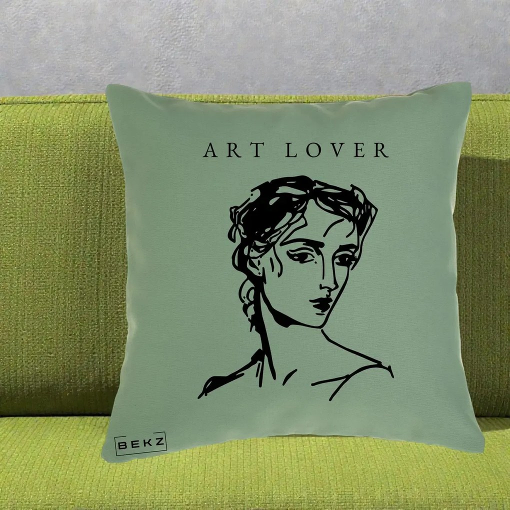 Perna Decorativa Art Lover Portret Grafic, 40x40 cm, Verde, Husa Detasabila, Perna Inclusa, BEKZ®