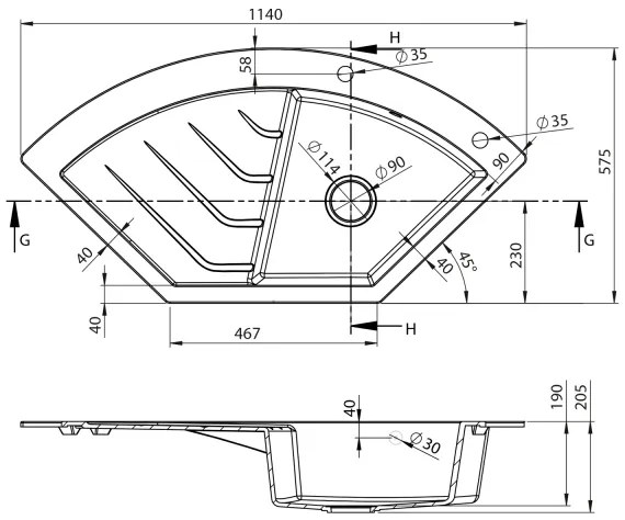 Sapho - Chiuvetă de colț din granit pentru bucătărie 114 x 57,5 cm, negru