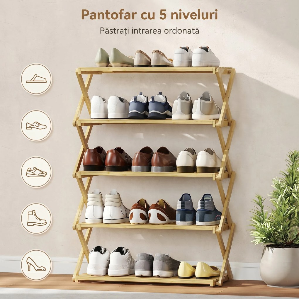 HOMCOM Suport pentru Încălțăminte din Bambus cu 5 Nivele, Fără Asamblare - Natural | Aosom Romania