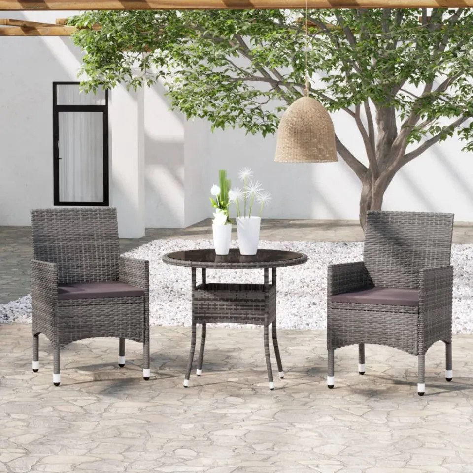 Set mobilier de grădină, 3 piese, gri, poliratan