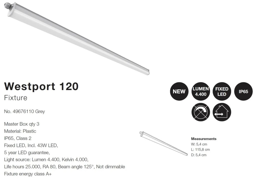 Plafoniera LED design liniar IP65 Westport 120 / 43W 49676110 NL