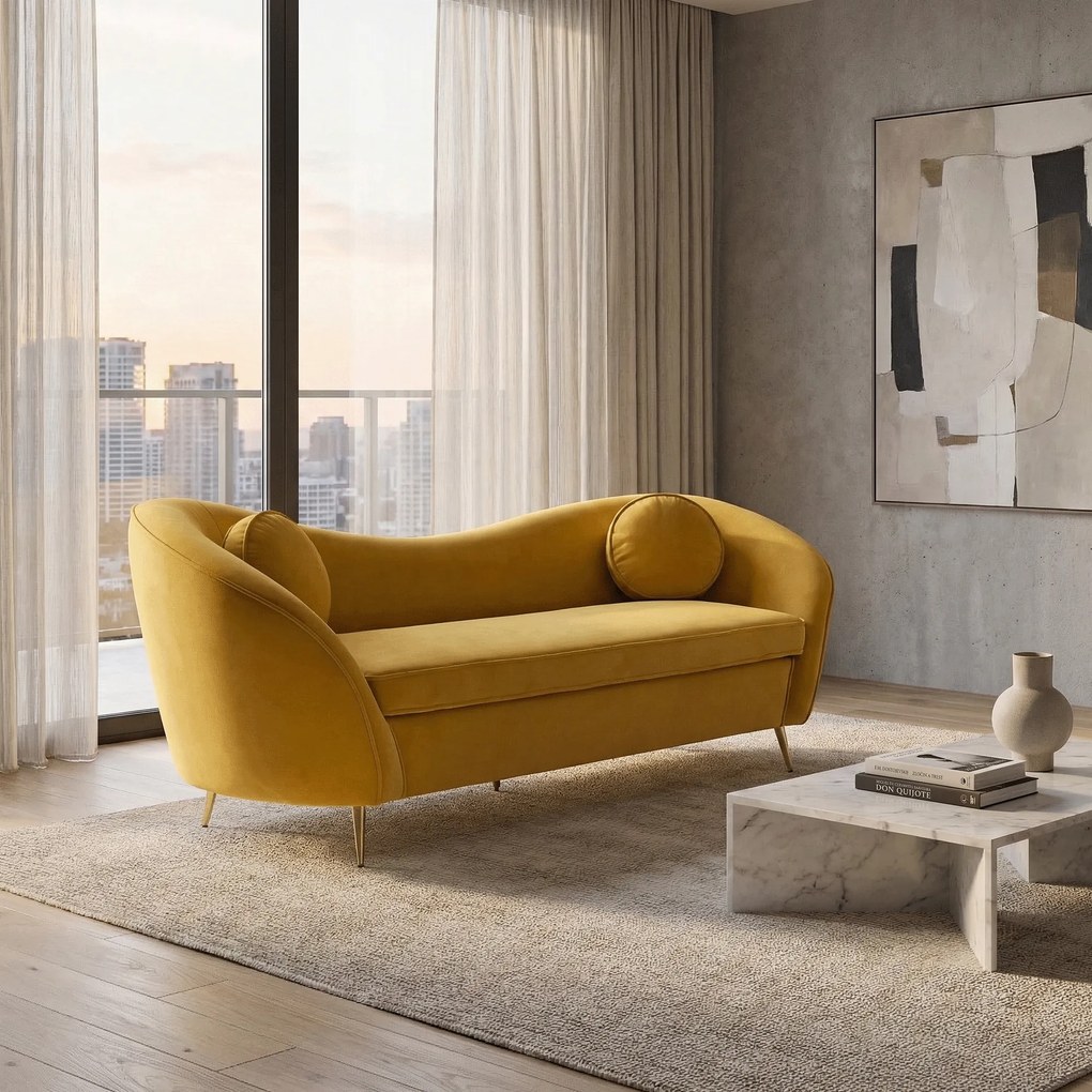 Canapea cu 3 locuri de design, ţesătură Velvet galbenă/gold crom auriu, EZIO TYP 3