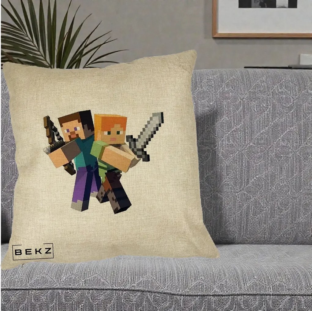Perna Personalizata Minecraft Steve si Alex, 40x40 cm, Crem, Husa Detasabila, Perna Inclusa, BEKZ®