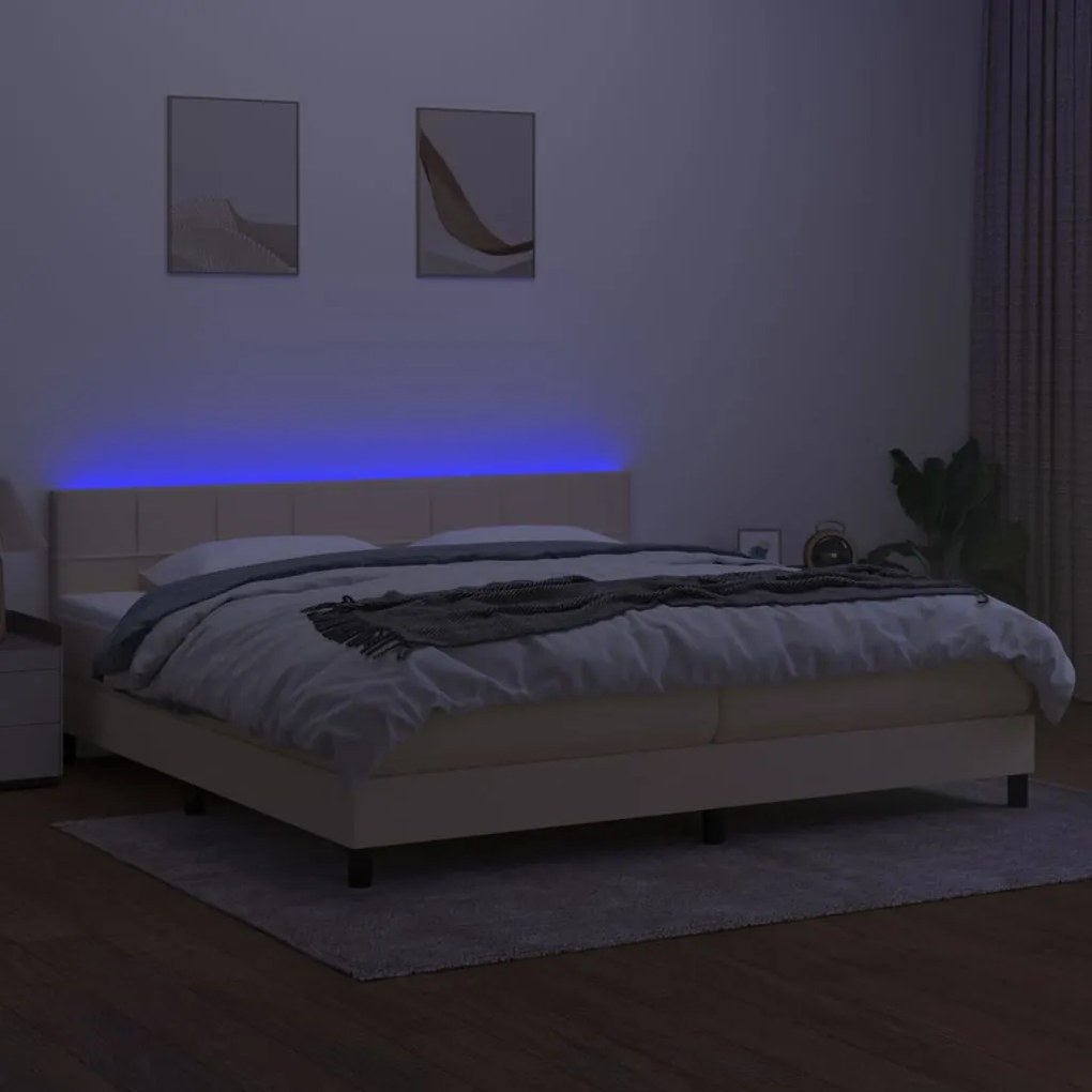 Pat cu arcuri, saltea si LED, crem, 200x200 cm, textil Crem, 200 x 200 cm, Cu blocuri patrate