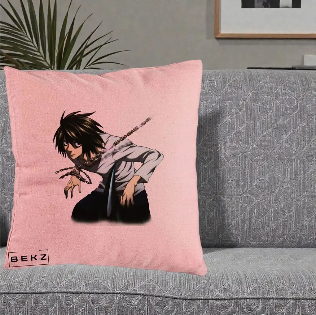 Perna Personalizata Death Note L Lawliet Lanturi, 40x40 cm, Roz, Husa Detasabila, Perna Inclusa, BEKZ®