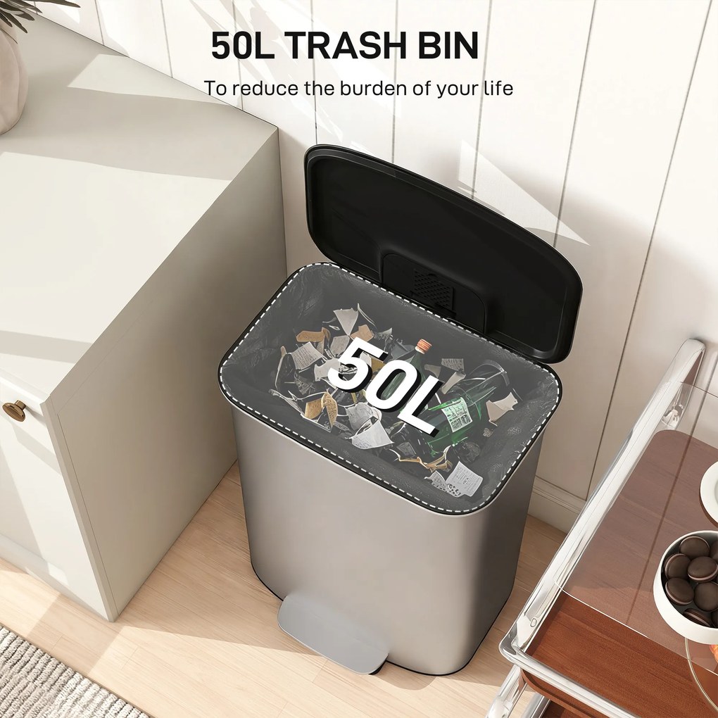 HOMCOM Coș de Gunoi cu Pedală de 50L cu Capac Amortizat, Deschidere la 90° și Găleată Detașabilă, Oțel Inoxidabil, Gri | Aosom Romania