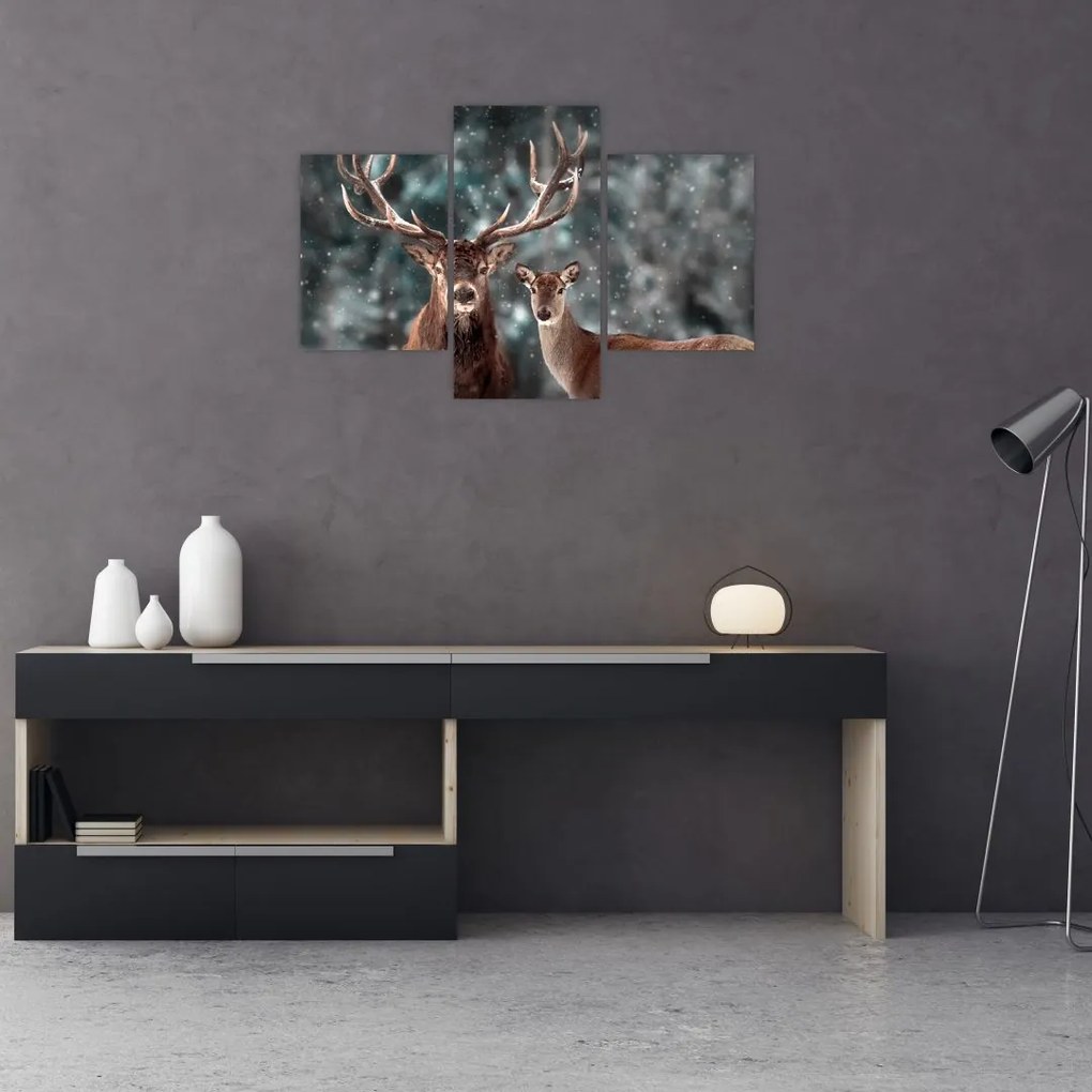 Tablou - Cerb și căprioare în pădurea înzăpezită (90x60 cm)