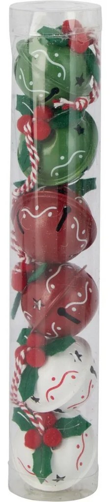 Set de 6 clopoței de Crăciun Waves, diametru 4 cm,roșu-verde-alb, metal, diam. 4 cm