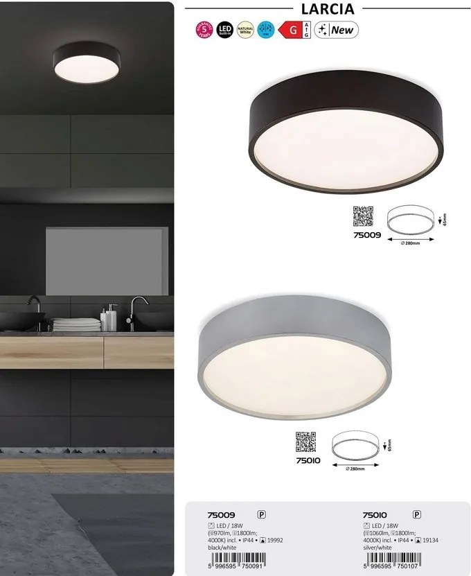 Plafoniera LED design modern Larcia IP44 argintiu, alb