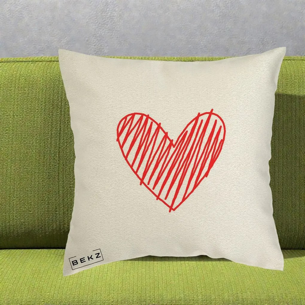 Perna Decorativa Inima Rosie Desen Manual, 40x40 cm, Ecru, Husa Detasabila, Perna Inclusa, BEKZ®