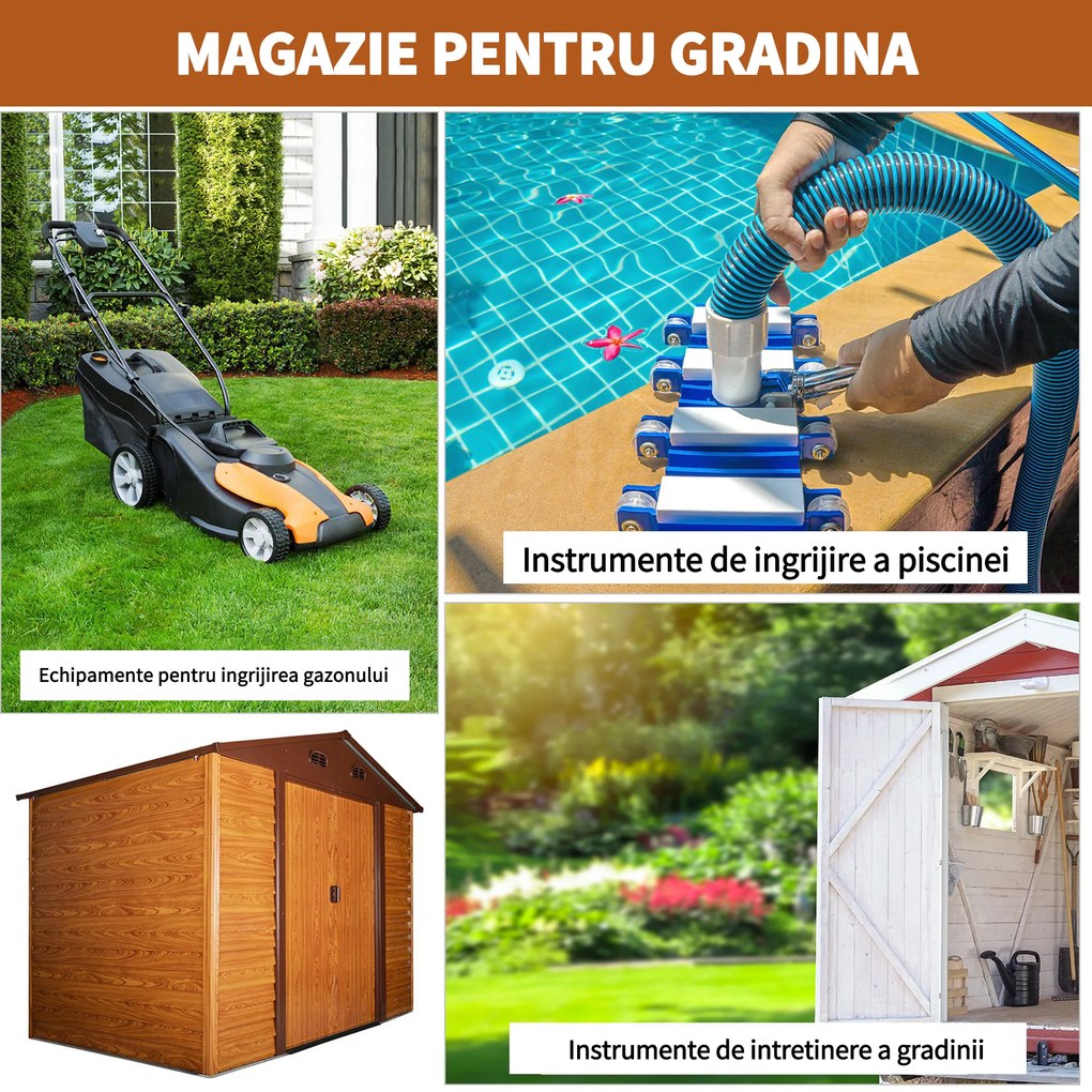 Outsunny Magazie de gradina pentru scule, din otel cu usi culisante si guri de ventilatie, 278x195x215cm, maro | Aosom Romania