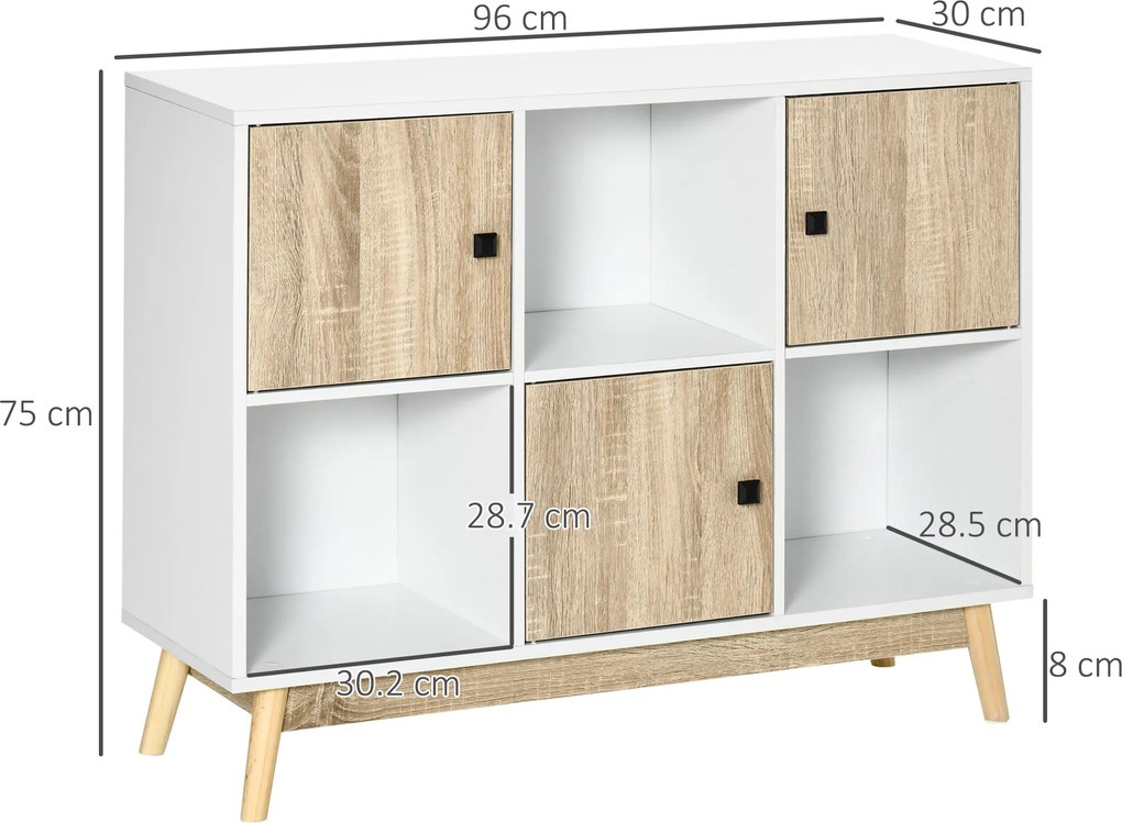 HOMCOM Bufet living, mobilier de depozitare 9 cuburi cu 3 uși și 3 compartimente deschise, picioare din lemn de pin, stil modern, bufet pentru sala de mese, bucătărie și living, 96 x 30 x 75 cm, alb, natural | Aosom Romania