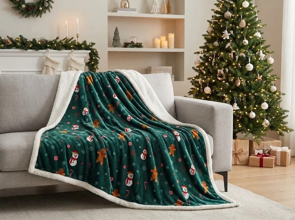 Patura miel de Craciun din microplus SNOWMAN AND GINGERBREAD verde inchis Dimensiuni: 200 x 220 cm