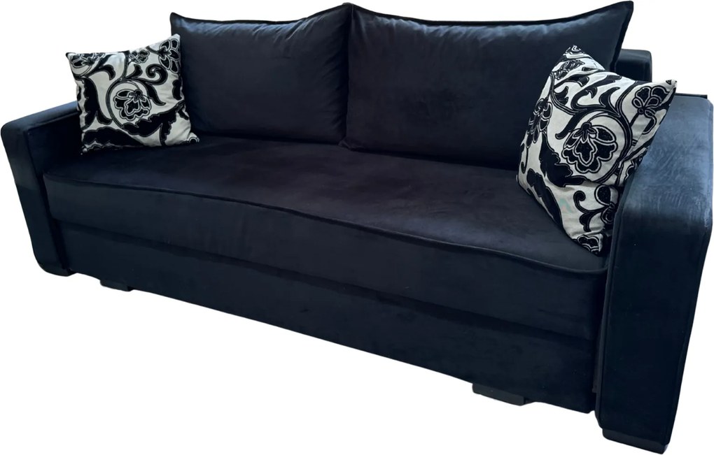 Canapea LARISA extensibila, 3 locuri, lada de depozitare , catifea negru, 220x95x85 Negru, Catifea