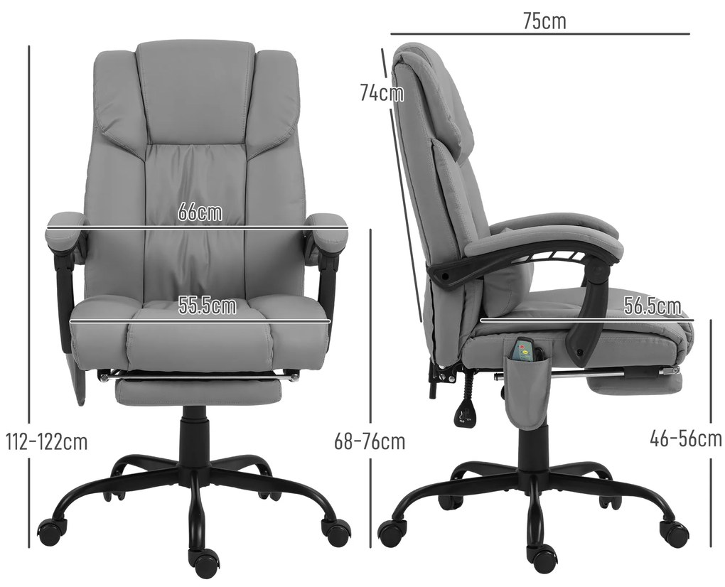 Vinsetto Fotoliu Reglabil pe Înălțime cu Tetieră și Suport pentru Picioare din Piele Artificială, 66x75x112-122 cm, Gri | Aosom Romania