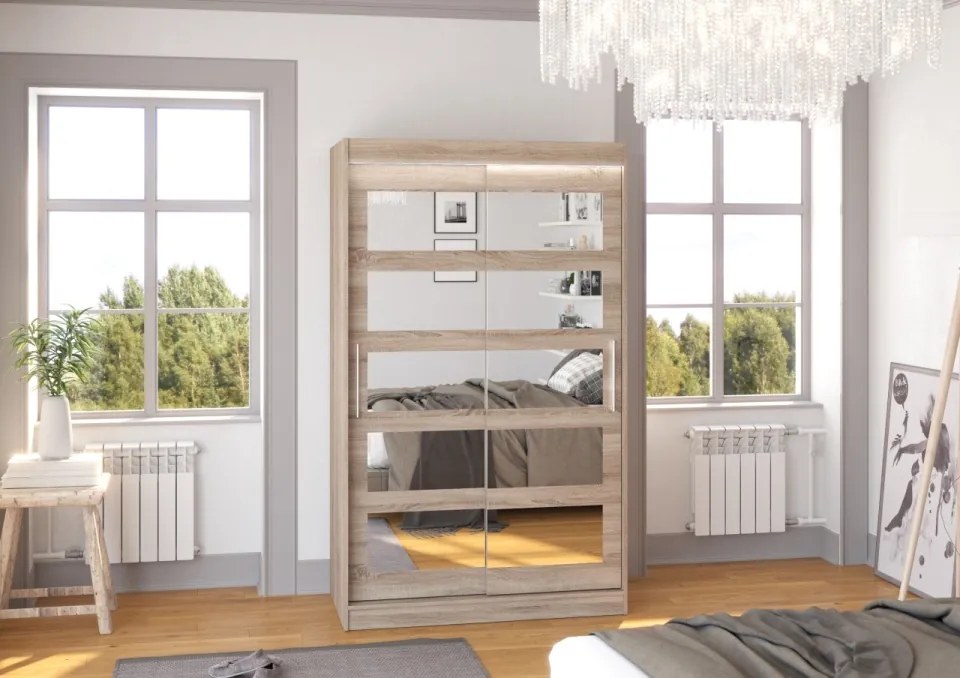 Dulap cu usi glisante si oglinda + iluminare LED, Salem 120 + LED, 120 cmx200 cmx58 cm, ADRK Furniture (Culoare: Alb)