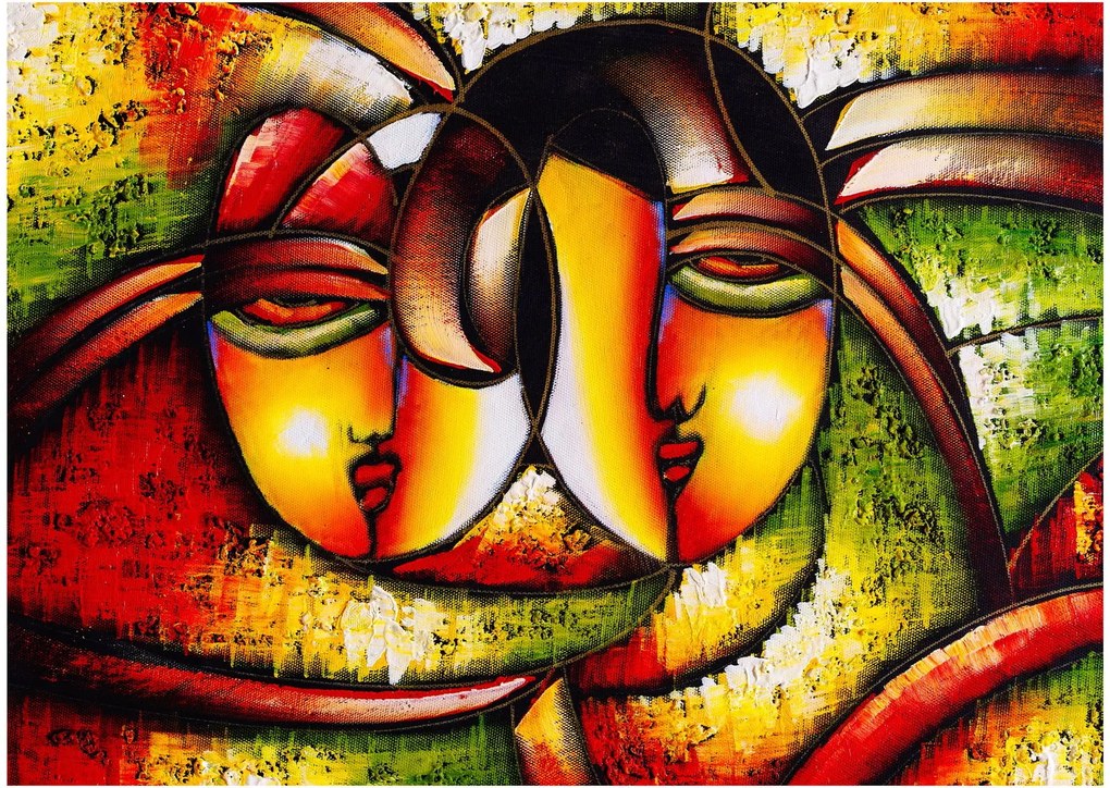 Tablou pe sticlă - Pictură în ulei, chipuri abstracte (70x50 cm)