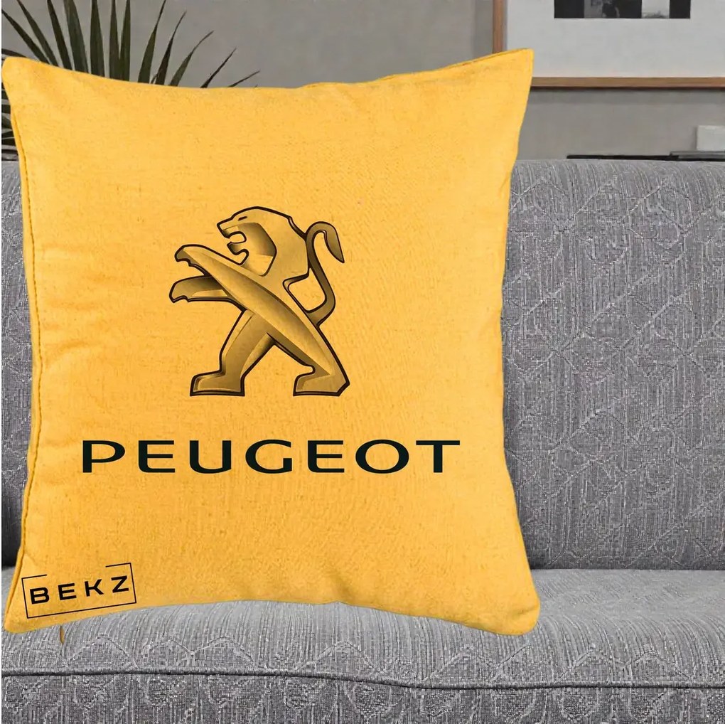 Perna Personalizata cu emblema Peugeot, 40x40 cm, Galben, Husa Detasabila, Perna Inclusa, BEKZ®
