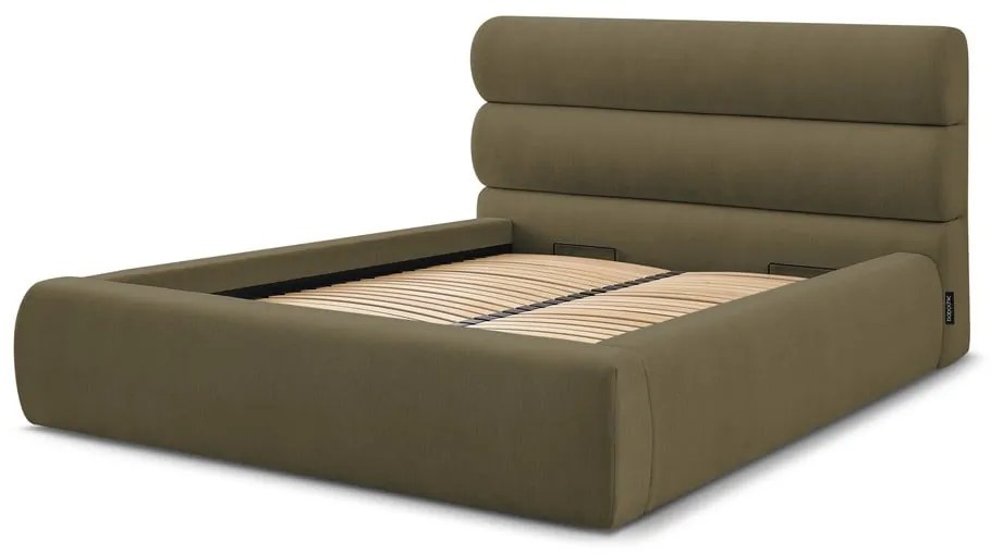 Pat matrimonial verde închis tapițat cu spațiu de depozitare și somieră 180x200 cm Jagna – Bobochic Paris