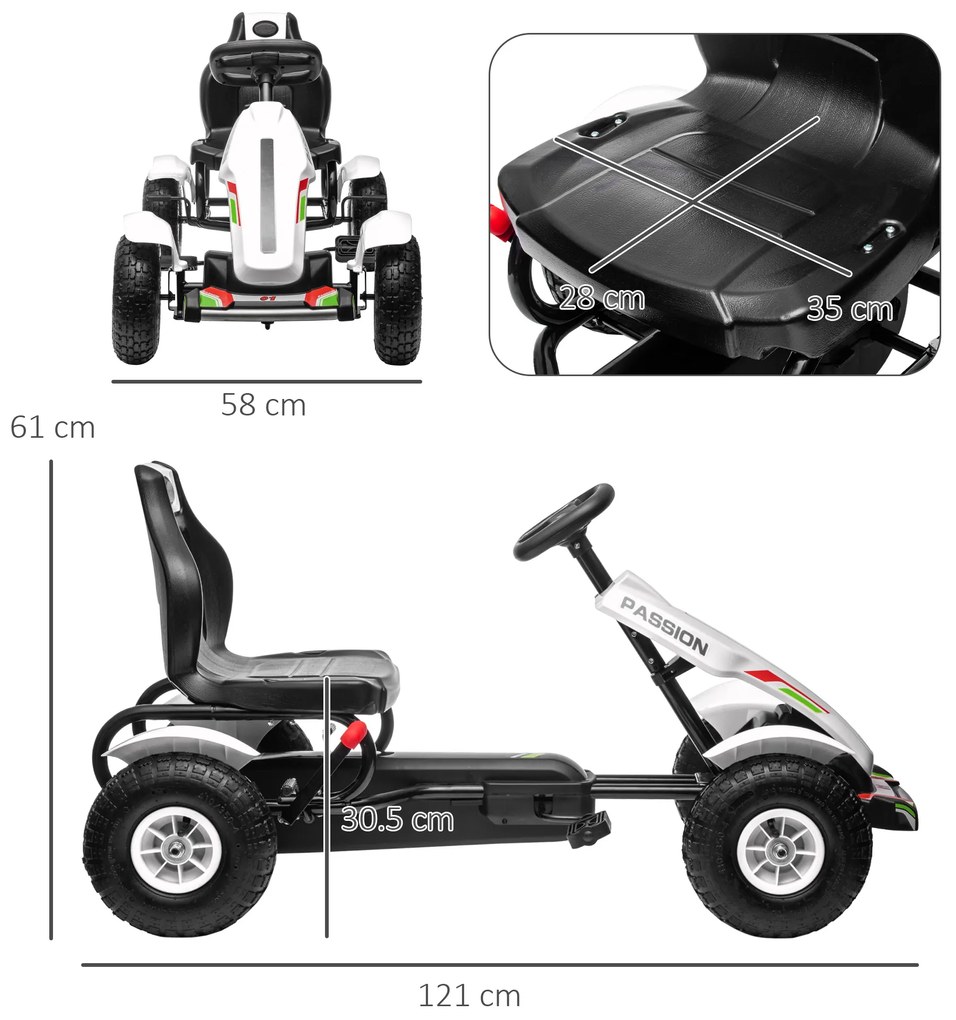 HOMCOM Kart cu Pedale pentru Copii 5-12 Ani cu Scaun Reglabil, Anvelope Gonflabile, Frână de Mână, Design de Curse, Alb și Negru | Aosom Romania