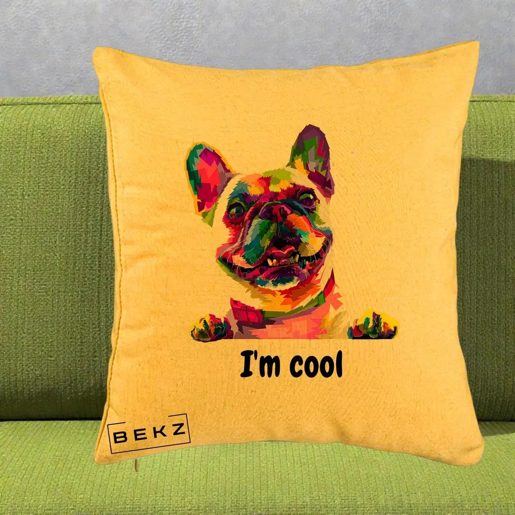 Perna Personalizata Bulldog Francez I'm Cool, 40x40 cm, Galben, Husa Detasabila, Perna Inclusa, BEKZ®
