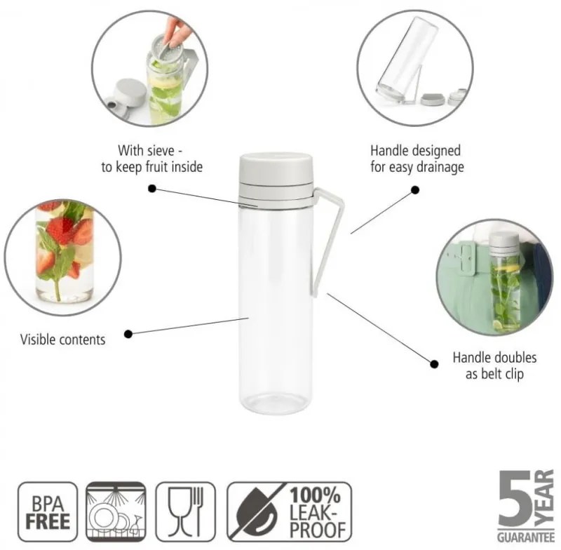 Sticla Brabantia Make&Take 1006280, 500 ml, Cu filtru, Protectie impotriva scurgerilor, Deschidere larga, Transparent/Gri deschis
