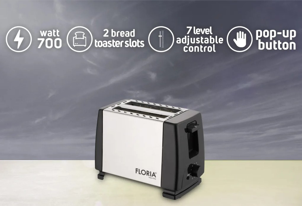 Prajitor de paine Floria ZLN1840 Negru Inox, 700W, 7 nivele de control al temperaturii, buton de oprire