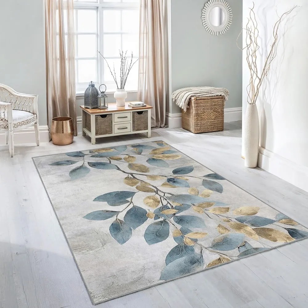 Covor albastru deschis/auriu lavabil 160x230 cm Golden Leaves – Mila Home