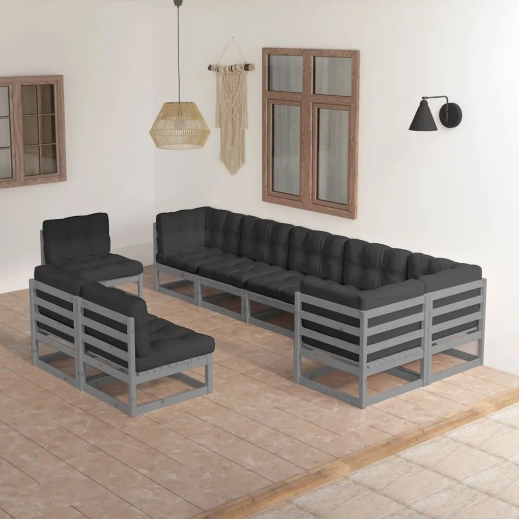 3076686 vidaXL Set mobilier de grădină cu perne, 9 piese, lemn masiv de pin