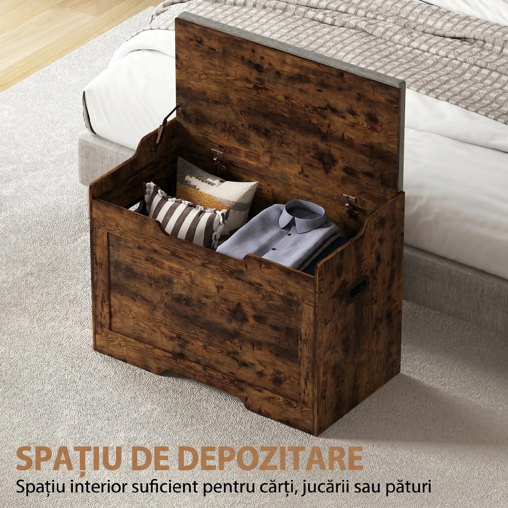 HOMCOM Bancă de Depozitare de 103L Multifuncțională, nuanță de Lemn cu Pernă din Țesătură Gri, 75x40x56 cm | Aosom Romania