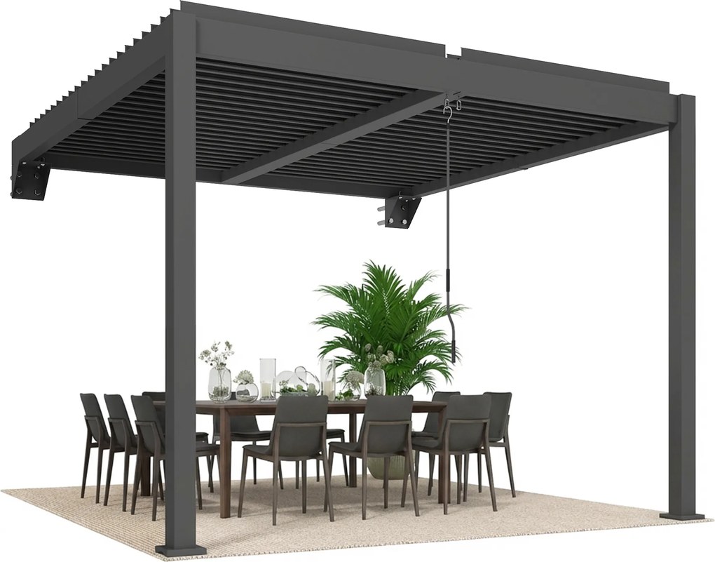 Outsunny Pergolă aprox. 3x3 m acoperiș terasă din aluminiu cu lamele reglabile, montare pe perete, gri închis | Aosom Romania