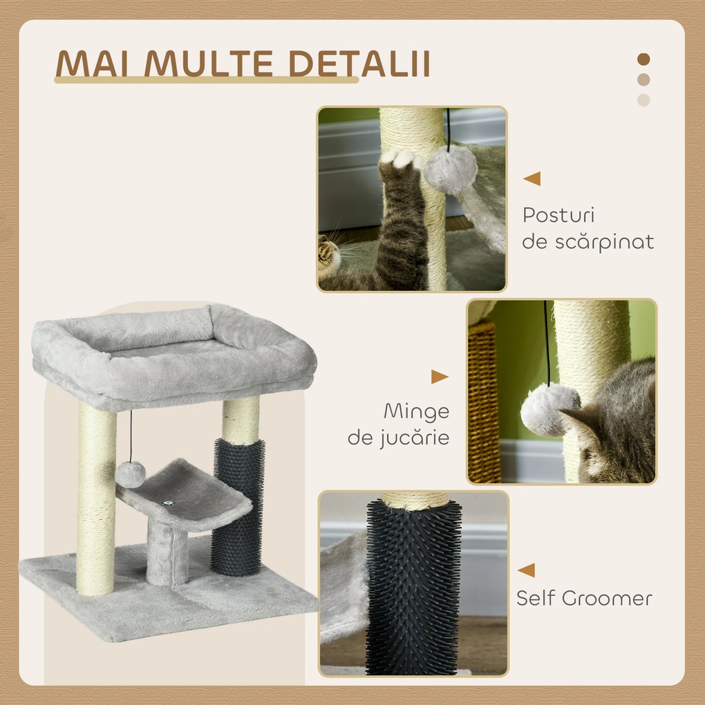 PawHut Ansamblu de Zgâriat cu Pătuț, Platformă, Perie și Stâlp din Sisal, 40x40x48 cm, Gri | Aosom Romania
