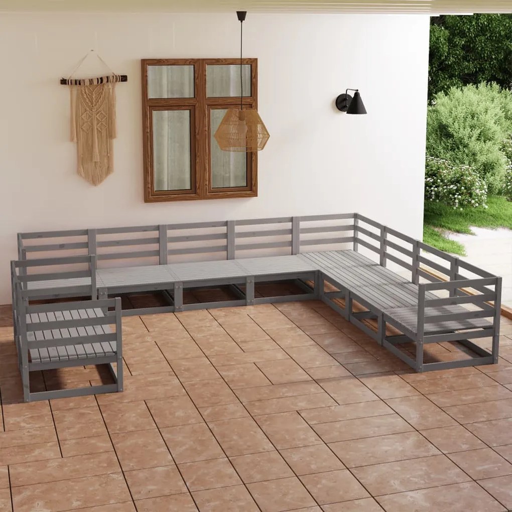 3075926 vidaXL Set mobilier de grădină, 10 piese, gri, lemn masiv de pin