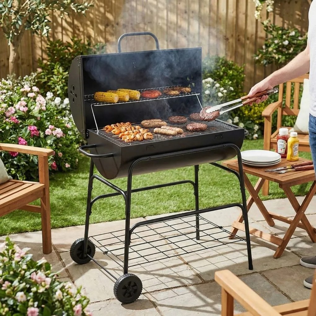 Grătar cilindric BBQ pe cărbuni, metalic, pentru grădină, 97 cm, cu roți și cu capac