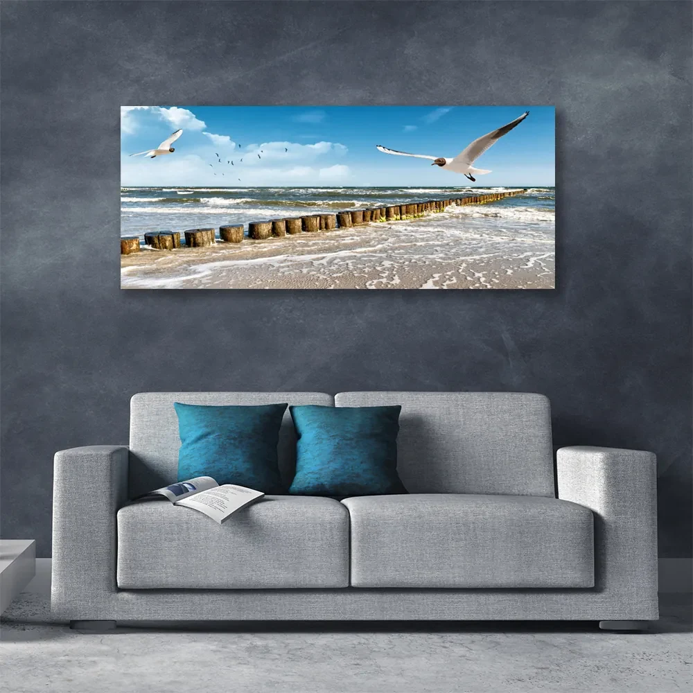 Tablou pe panza canvas Seagulls Sea Peisaj Gri Albastru Alb