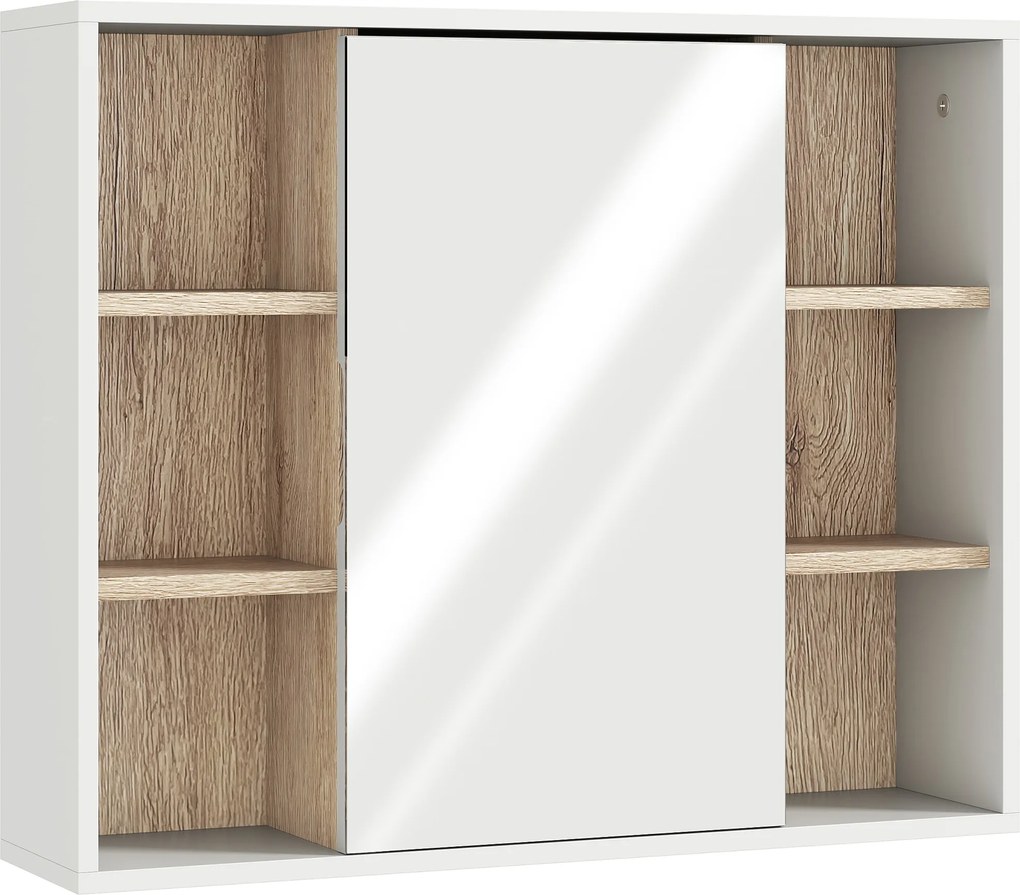 HOMCOM Dulap cu Oglinda din MDF si PAL, Dulap de Baie cu 3 Rafturi Laterale si Raft Interior Reglabil, 60x14.5x49.4 cm, Alb si Lemn Natur | Aosom RO