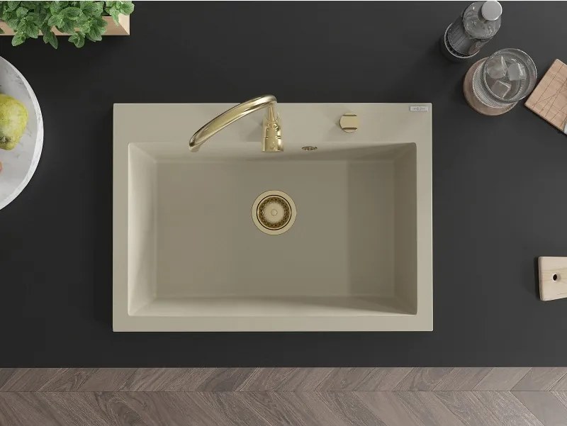 Mexen Elix chiuvetă de bucătărie din granit, 1 compartiment, 700 x 500 mm, bej, sifon auriu - 6526701005-69-G