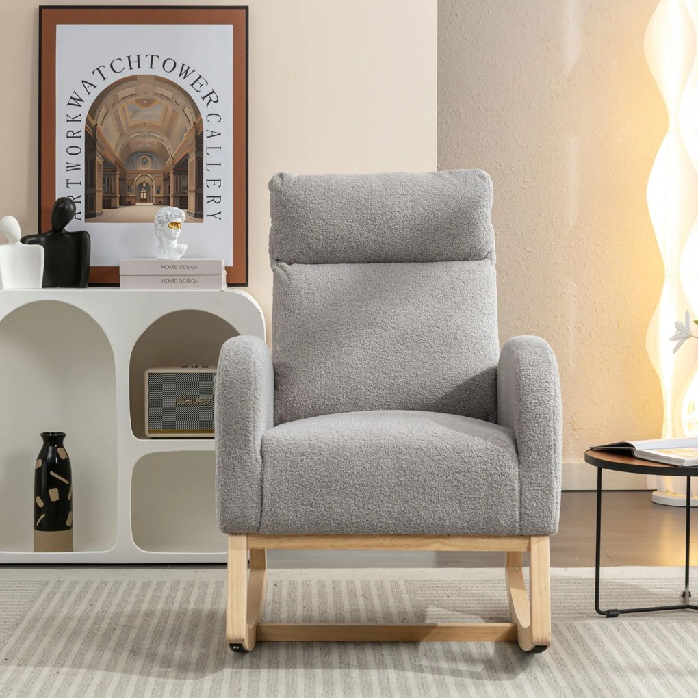 Scaun balansoar modern din material Teddy, cu șezut căptușit și buzunar lateral ascuns, pentru living și dormitor, 71x88x104,5 cm, Gri deschis