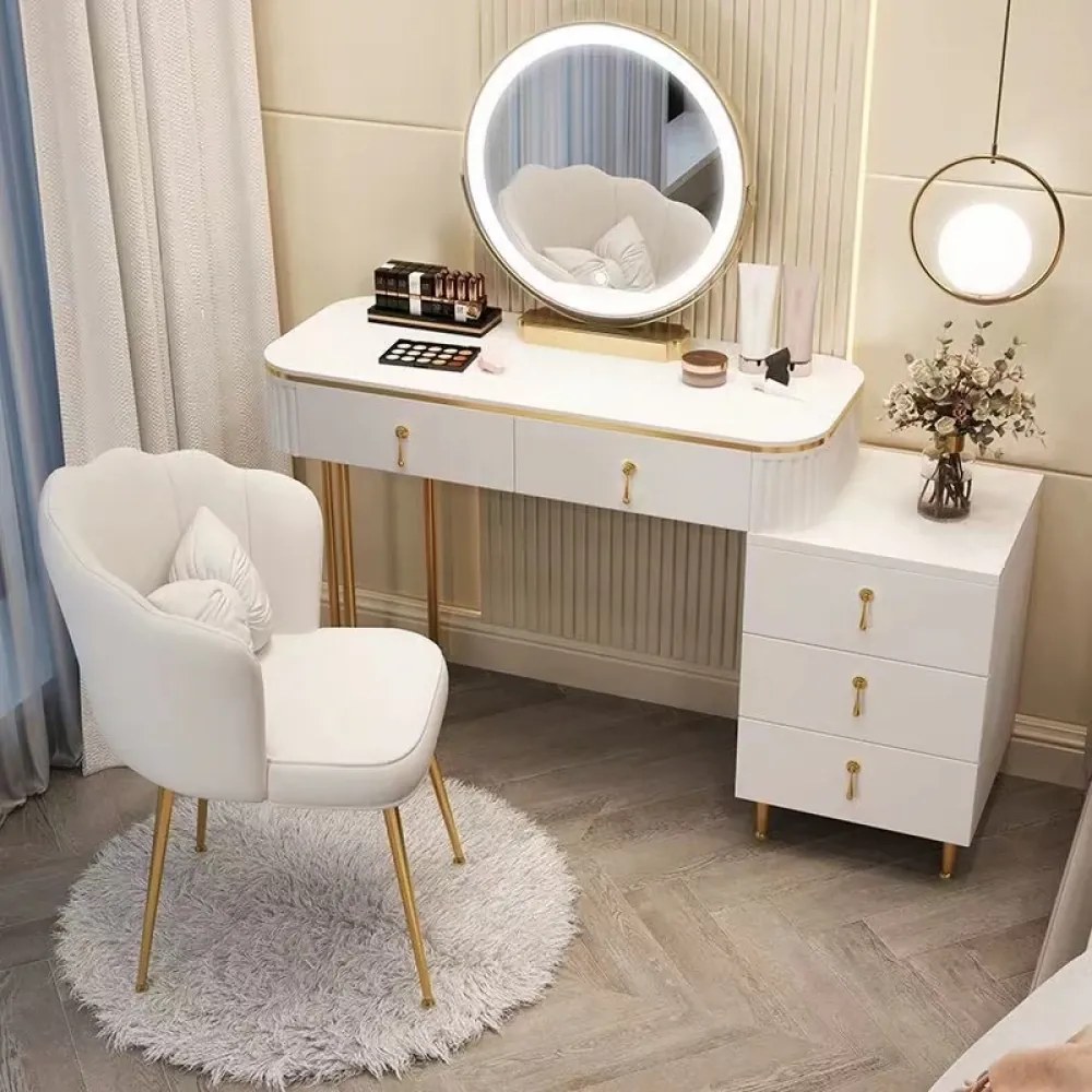 Set Erika, Masă de toaletă pentru machiaj cu oglindă iluminată LED, control touch, 5 sertare, comoda, scaun, 100x40x78 cm