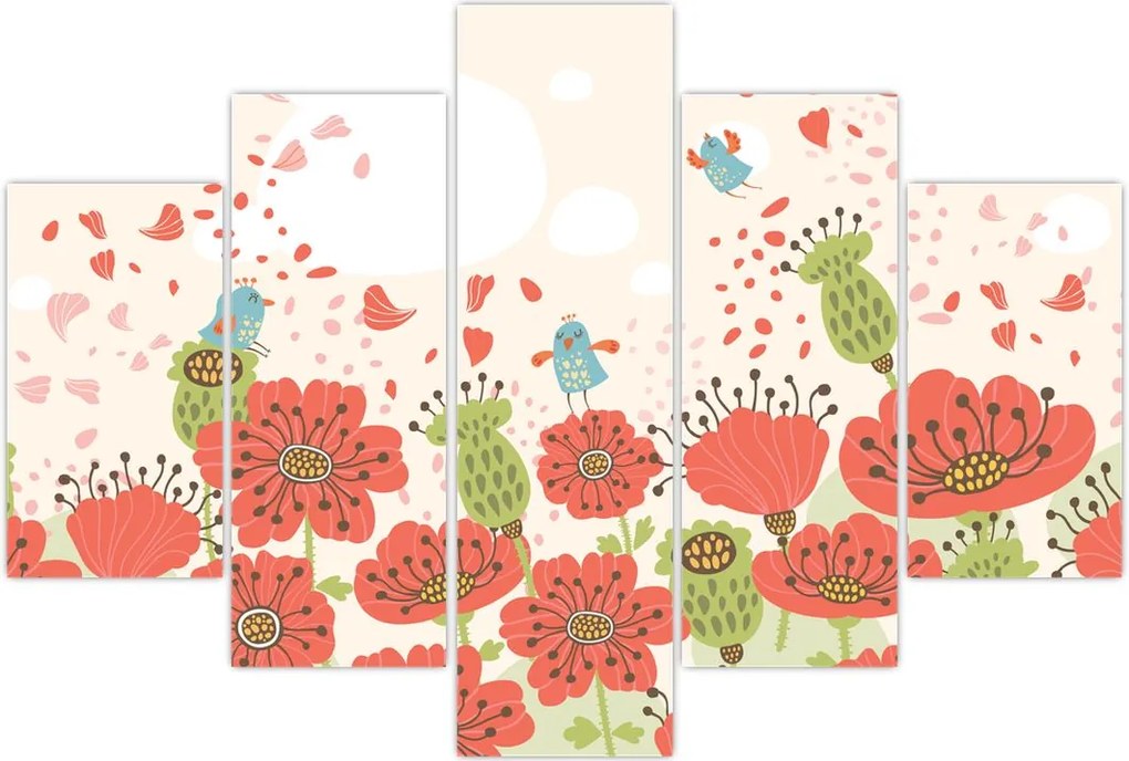Tablou - Păsări pe o pajiște înflorită (150x105 cm)