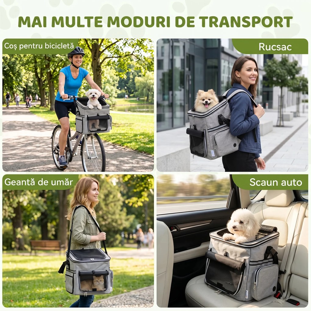 PawHut Coș Frontal pentru Bicicletă pentru Câini, cu Ferestre din Plasă, Pernă Moale și Bol, Gri Deschis | Aosom Romania
