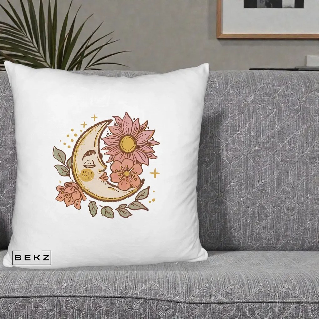 Perna Personalizata Luna Boho Chip Floral, 40x40 cm, Alb Pufos, Husa Detasabila, Perna Inclusa, BEKZ®