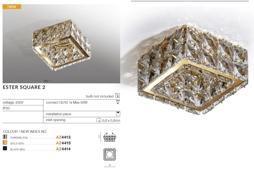 Spot incastrat tavan/plafon design decorativ ESTER SQUARE 2 CHROME